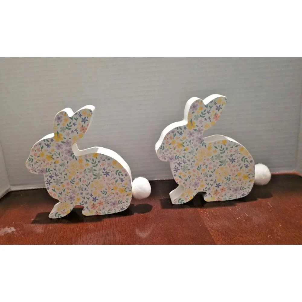 Spritz Wooden Bunny Figurines Colorful Floral Pattern Plush Tail Set of 2